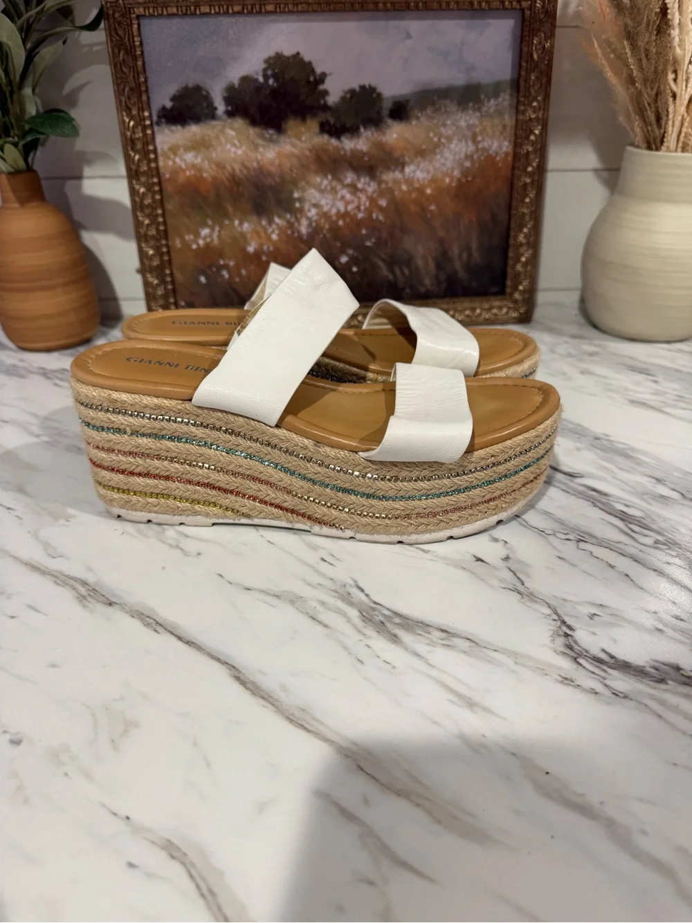 Gianni Bini White Espadrille Platform Slide Sandals with Multicolor Stripe Sole